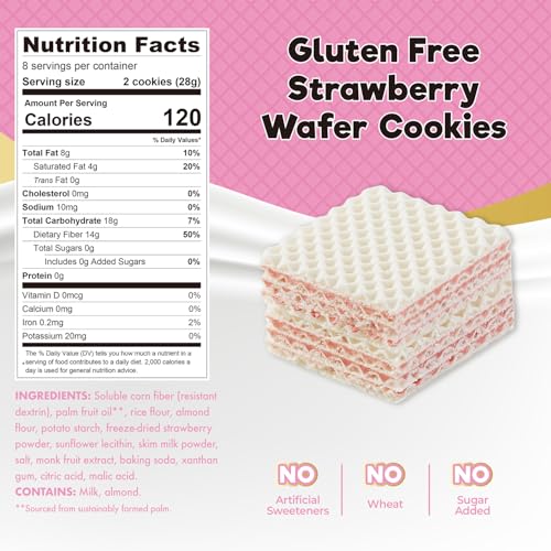 Image of ChocZero Sugar Free Strawberry Wafer Cookies, No Sugar Alcohols, Keto, Gluten Free, High Fiber, 16 Count, 8 oz Box