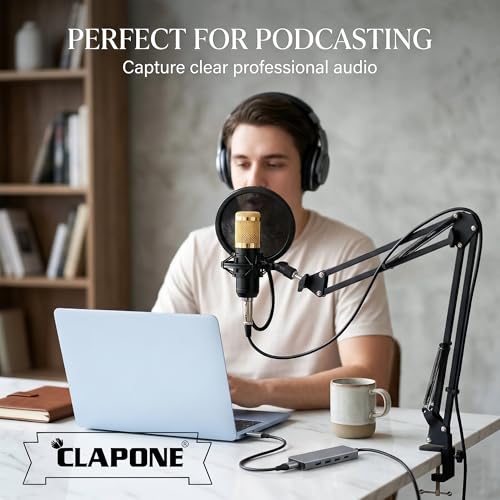 Image of CLAPONE Professional Condenser Microphone Kit with Boom Arm Stand, Pop Filter, Shock Mount, XLR Cable - Studio Recording Mic for YouTube, Podcast, Streaming, Voice Over