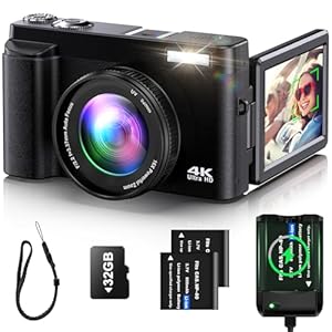 4K Digital Camera for Photography Auto-Focus Vlogging Camera for YouTube Video with 3” 180° Flip Screen 16X Anti-Shake 4K Camera Compact Cameras with SD Card, Flash, 2 Batteries & Battery Charger
