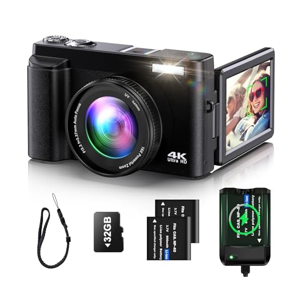 4K Digital Camera for Photography Auto-Focus Vlogging Camera for YouTube Video with 3” 180° Flip Screen 16X Anti-Shake 4K Camera Compact Cameras with SD Card, Flash, 2 Batteries & Battery Charger
