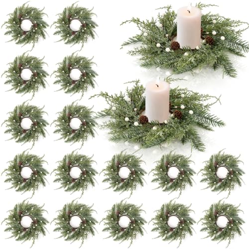 Image of 18 PCS Christmas Wreath Candle Rings Mini Wreath Pine Garland Artificial Frosted Cedar and Pine Cone Candle Rings Holder for Christmas Wedding Home Table Centerpiece Door Window Chair Wall