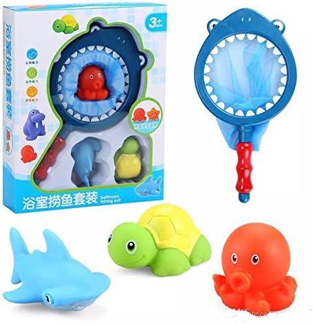 Bath Toy with Fishing Net Floating Animals Playing Water Toy Water Squirting Baby Bathroom Pool Accessory for Kids with Box Pack