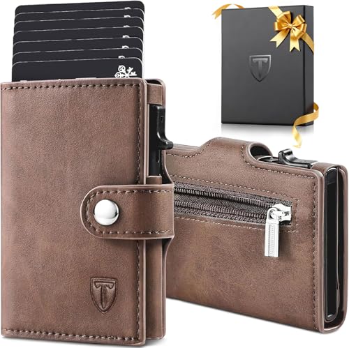 TENBST Carteira porta-cartões com bloqueio RFID, carteira de couro automática Pop Up, 8 ranhuras para cartões, porta-cartões homem para crédito, bilhetes e moedas com caixa de presente, Castanho