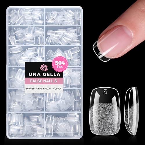 Image of UNA GELLA Gel Nail Tips Square & Squoval Short, 504pcs Short Round Square Nail Tips Pre Etched Squoval Soft Gel Clear Fake Nails Full Cover For Nails Extension Home DIY Salon 12 Sizes