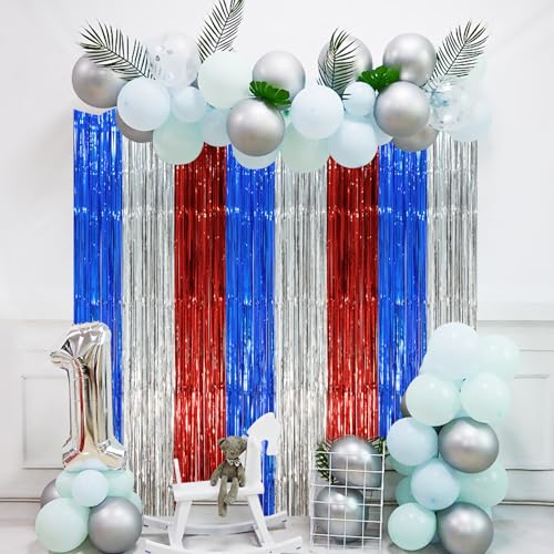 Image of Voircoloria 2 Pack Blue Red Silver Foil Fringe Backdrop Curtains, Tinsel Streamers Party Decorations, Fringe Backdrop, Door Shimmer for Independence Day or Birthday Party
