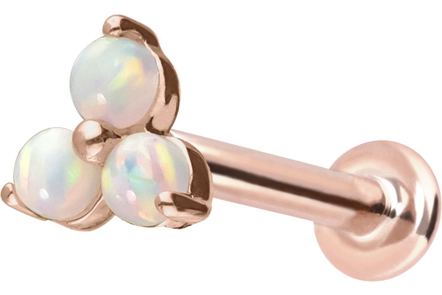PIERCINGLINE 14 Karat Gold Ohr-Piercing Labret mit Innengewinde BLUME + 3 SYNTHETISCHE OPALE Farb & Größenauswahl