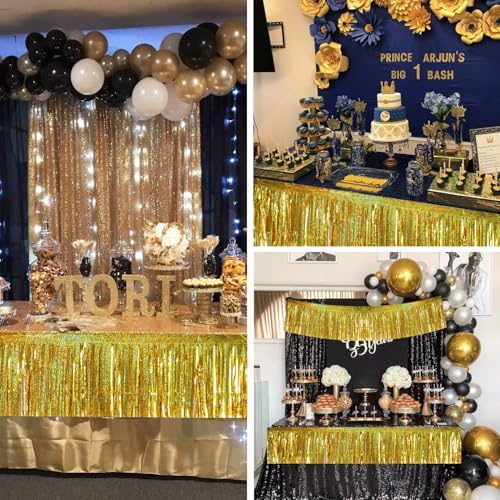 Image of BEISHIDA 3 Packs 30 Feet Metallic Foil Fringe Garland Tinsel Streamers,Laser Gold Wall Hanging Tinsel Fringe Banners for Wedding Birthday Party Decoration Halloween Christmas New Year