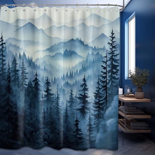 QGHOT Navy Blue Forest Shower Curtain Dark Blue Mountain Nature