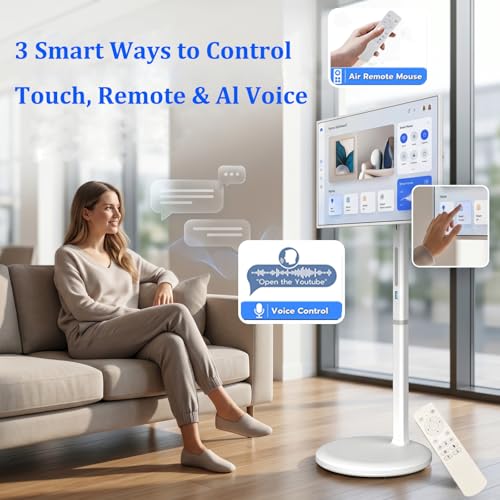 Image of 32 inch Smart Portable TV on Wheels, 1080P FHD Portable Rolling TV with Rotatable Touch Screen, Android 13 OS, 8GRAM+128G Storage, Full Rotation Mobile TV with 13MP Camera, Built-in Battery, Voice Control