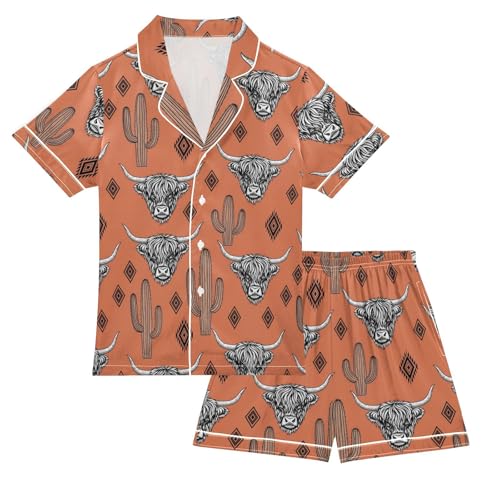 Satin Pajama Sets Short Sleeve Western Cow Cactus Pattern Button Down Silky Nightwear 2 Piece PJS 5-14Y