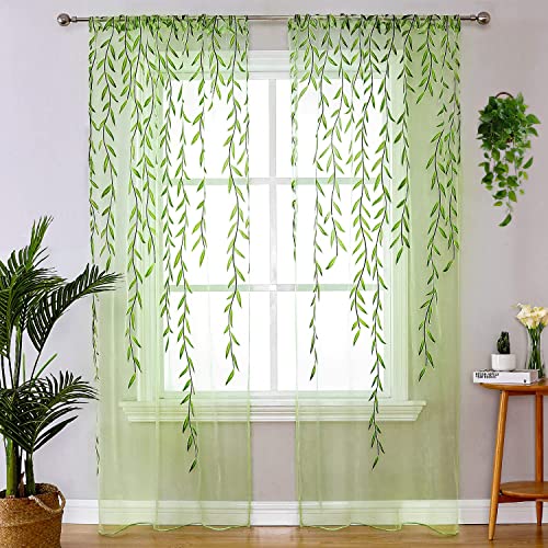 Broshan Green Sheer Window Curtain - Pocket Design Sheer Curtain With Pattern Leaf Printed Curtains Green Sheers Voile Sheer Window Curtain Panels For Bedroom Living Room Nursery #TOP21