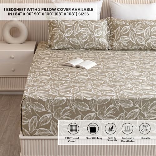 Image of HOMEMONDE Cotton Bedsheet with 2 Pillow Covers Soft Breathable 90 x 100 Inch Printed Flat Queen Size Bed Sheet, Perfect for Home Decor & Gifting - Tana Green
