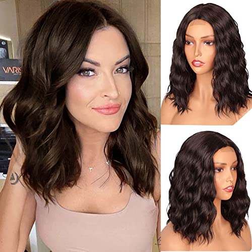 PORSMEER Perruque ondulé femme naturelle Lace Hairline Frontal Wig perruques de cheveux courts brune bouclés perruques pour femmes