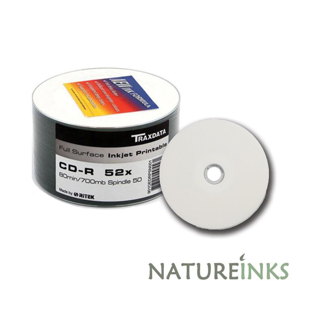 100 Genuine Traxdata Ritek White Hub Inkjet Printable CD-R 8x 700MB 80 mins in Shrinkwrap (2 x 50 packs)