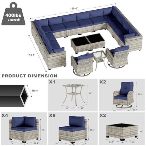 Image of Outdoor PE Wicker Rattan Modular Patio Sectional Sofa Set | 17-Piece: 12 Modular Seats, 2 Coffee Tables, 2 Swivel Rocking Chairs & Side Table, Navy Blue