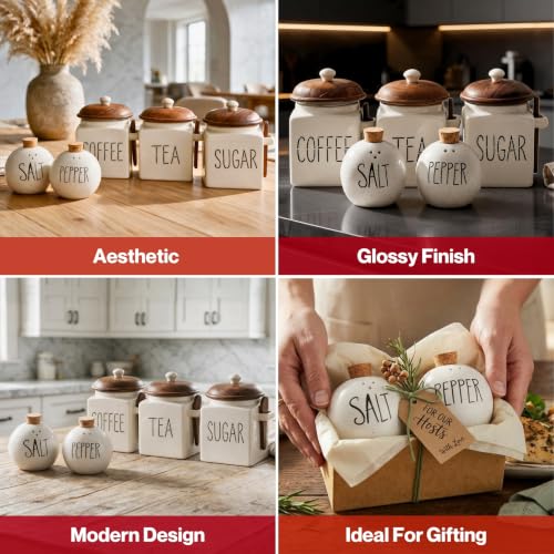 Image of Premium Kitchen Storage Set with Wooden Lids - Tea, Coffee & Sugar Jars with Salt & Pepper Shakers | Modern Kitchen Decor | Airtight Containers Combo (Set of 5)