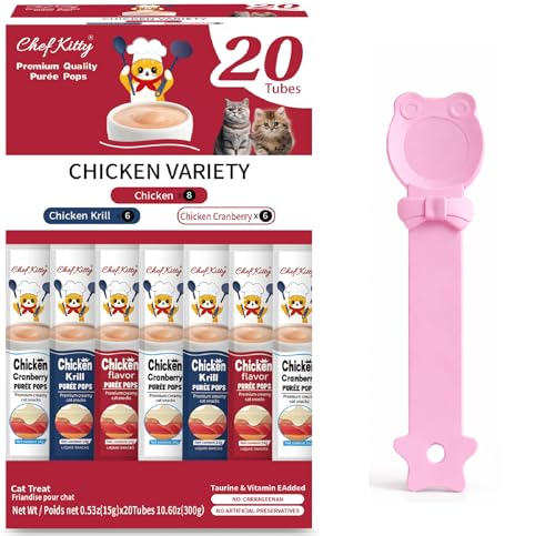 Purée Pops + Pink Feeding Spoon, Grain-Free, Lickable, Squeezable Creamy Cat Treat/Topper, 20 Tubes, Chicken Mix Variety
