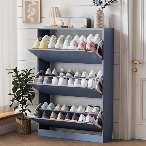 Image of Xixini Shoe Storage Cabinet for Entryway with 3 Flip Drawers, Sturdy Wood Hidden Shoe Storage, Freestanding Narrow Slim Shoe Organizer for Front Door Entrance, Living Room, Hallway, Bedroom, Blue