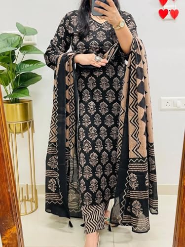 Image of Rangnavi Women's Cotton Trending Straight Kurta with Pants and Dupatta Set | Ethnic Set (Teal)