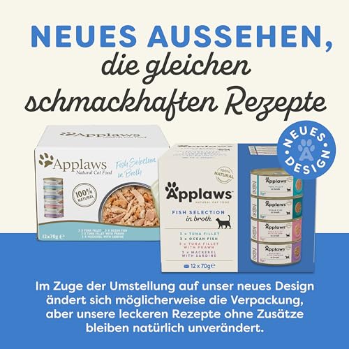 Applaws 100% natürliches Premium-Nassfutter für ausgewachsene Katzen, Fisch-Multipack-Auswahl in Brühe - Packung mit 12 x 70g Dosen