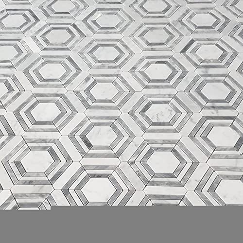 Stone Center Online Carrara White Marble 3 Inch Hexagon Georama Geometric Mosaic Tile W/Bardiglio Gray Strips Polished Kitchen Bath Wall Floor Backsplash Shower (1 Sheet) #TOP3