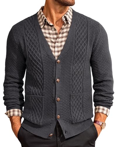 Runcati Mens Cardigan Sweater Casual V Neck Cable...