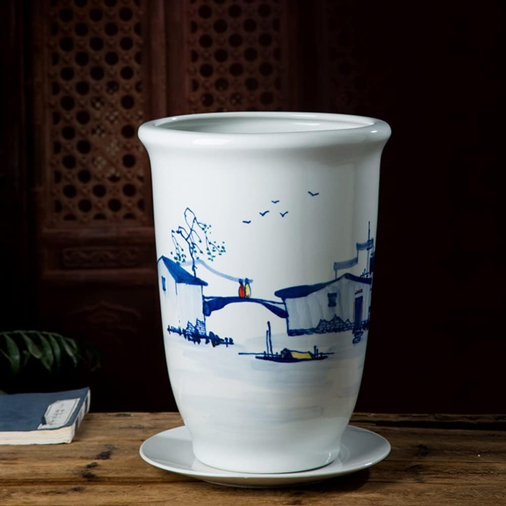 Ceramiczna doniczka w stylu Chinoiserie, niebiesko-biała, ceramiczna doniczka dekoracyjna z otworem drenażowym - A