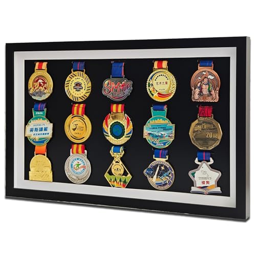 Image of Marathon Medal Display, 15 Medals Display Case Shadow Box Frame | 21.7x13.4x1.2 in, Black, Solid Wood+Tempered Glass, Wall Mount, Large Medal Display Shadow Box for All Medal