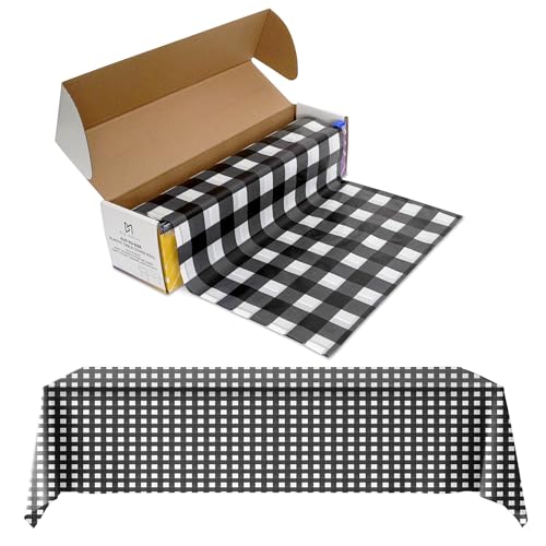 Plastic Table Cover Roll - Premium Tablecloth Roll with Slide Cutter for All Shape/Size Tables - Disposable Tablecloth, Ideal for Birthdays, Parties, & Weddings (Black Gingham, 54 Inch X 100 Feet)