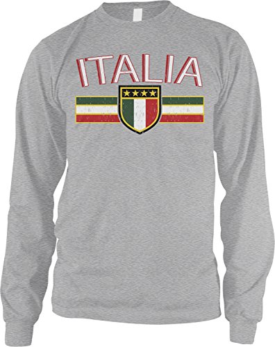 Amdesco Men's Italia Flag and Shield, Italy Italian Pride Long Sleeve Shirt, Heather Gray Large