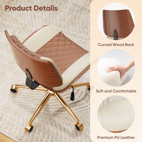 Image of Armless Office Chair with Back, Mid Century Modern Small Desk Chair, No Arms Leather Computer Chair for Home Office, Swivel Vanity Chair, Rolling, Adjustable Height (Brown+Beige)