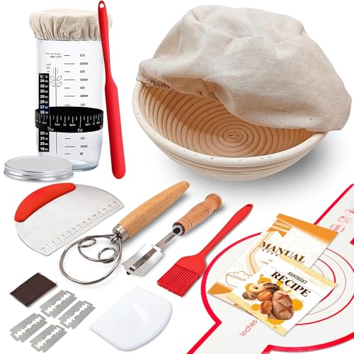 Complete Sourdough Starter Kit Bread Proofing Basket with Glass Sourdough Starter Jar Sourdough Bread Baking Supplies 9 Round Bread Proofing Basket for Bread Making Baking Fermentation