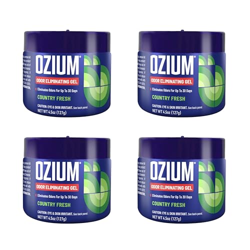 Image of Ozium Odor Eliminating Gel - 4.5oz Air Freshener Alternative for Smoke, Pets, and Musty Odors - Long Lasting Odor Remover for Cars, Homes, Closets and Small Spaces - Country Fresh, 4 pack