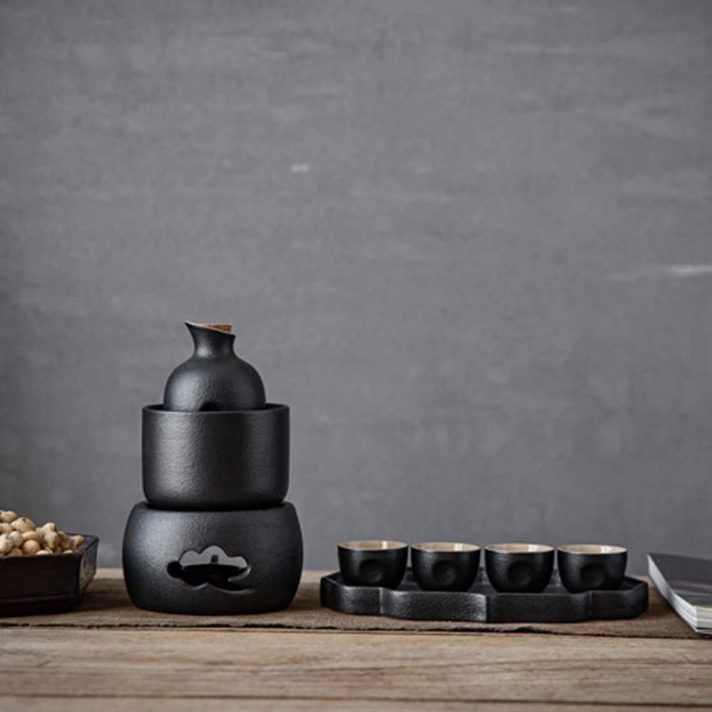 8-Piece Ceramic Sake Set Black Glaze Wine Glass Set with Candle Stove and Warming Pot Quaint Texture Sake Set for Warm/Cold Sake Service Best Gift