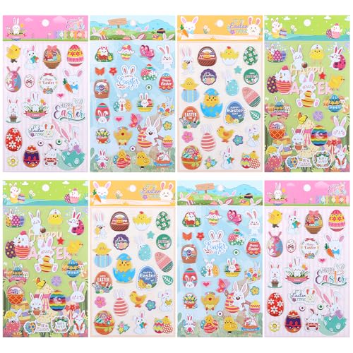 sulanmo 8PCS 3D Autocollant Pâques, Deco Paques, Mignon Stickers Pâques d’Oeuf, Lapin, Poussin