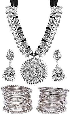 Silver Plated Afghani Tribal Necklace Set with Earrings and Bangles - Handcrafted Jewelry for Women
