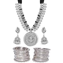 Silver Plated Afghani Tribal Necklace Set with Earrings and Bangles - Handcrafted Jewelry for Women