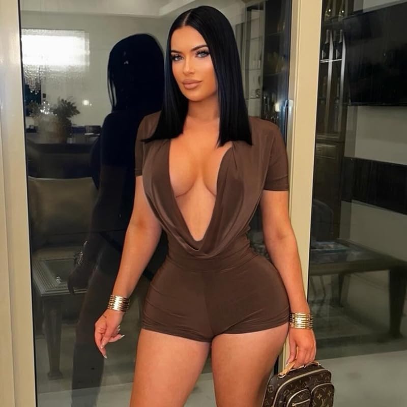 Image of Molilove Sexy Romper for Women Short Sleeve Deep V Neck Bodycon Short Jumpsuit One Piece Y2K Party Clubwear