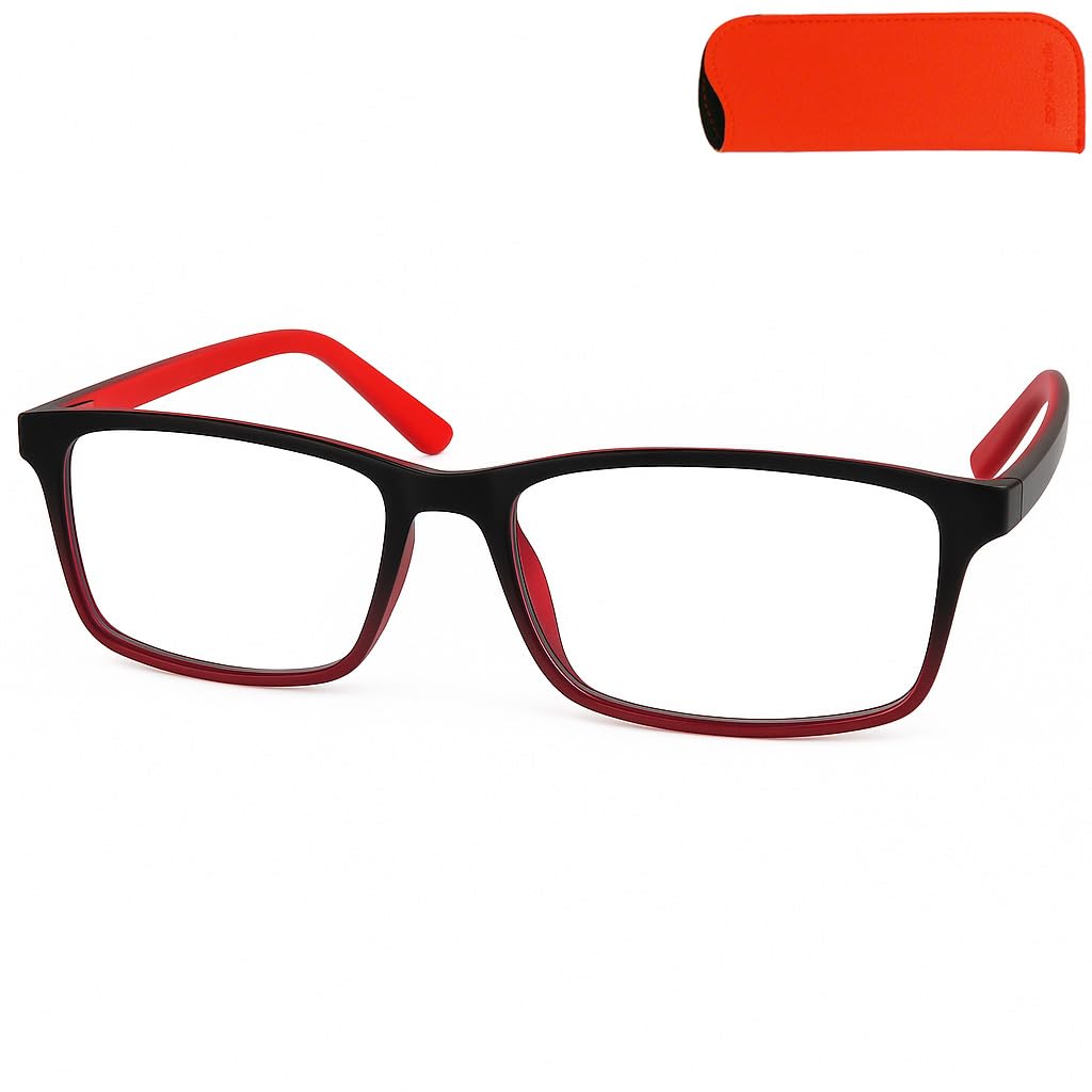 Mini Brille Lesebrille mit Flexible Bügeln Leicht, Kunststoff Rahmen Rechteckig Schwarz mit Rotem Akzent, mit Etui, Flex Lesehilfe Herren und Damen