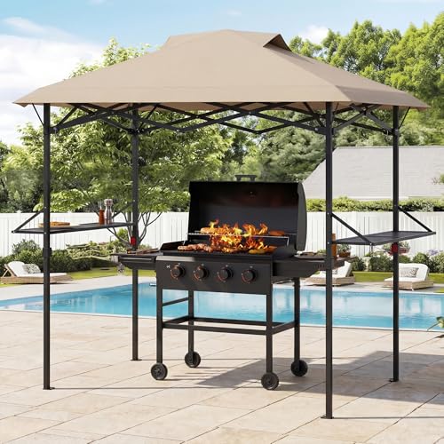 MOMOKOVA 8x5 Grill Gazebo,Pop Up Grill Canopy for BBQ and Backyard Patio with Dual Air Vents & Steel Frame,2 Side Shelves for Patio, Backyard and (Khaki)