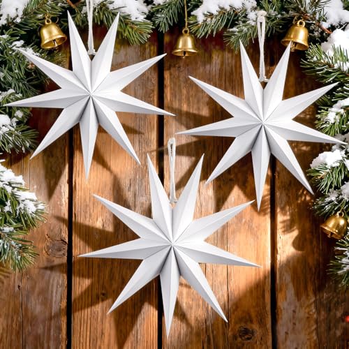 Faroles de papel blanco con forma de estrella, decoración de Navidad, 9 faroles de papel puntiagudos, decoraciones de Navidad, decoraciones de árbol de Navidad, estrellas de papel colgantes (30 cm, 3