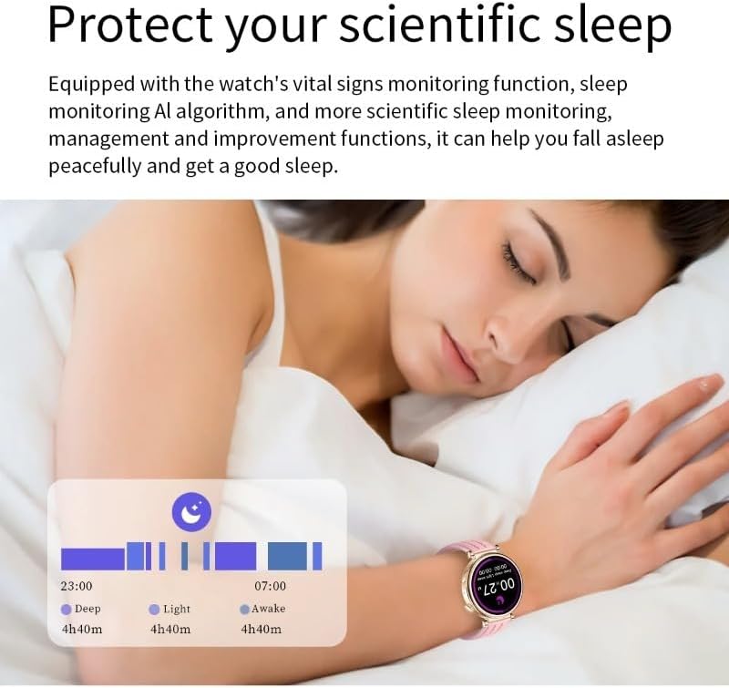 A person sleeping with a pink Z01 Mini Smart Watch on their wrist, and a graphic showing sleep stages (Deep, Light, Awake) and their durations.