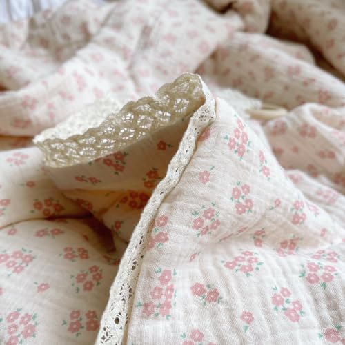 Image of BuLuTu Pink Floral Kids Quilts Full Bed Comforter for Girls Teens Cotton Muslin Quilted Blanket with Chic Lace Edges Reversible Galsang Flower Pattern Quilt, 1 Piece, 79 inchx90 inch