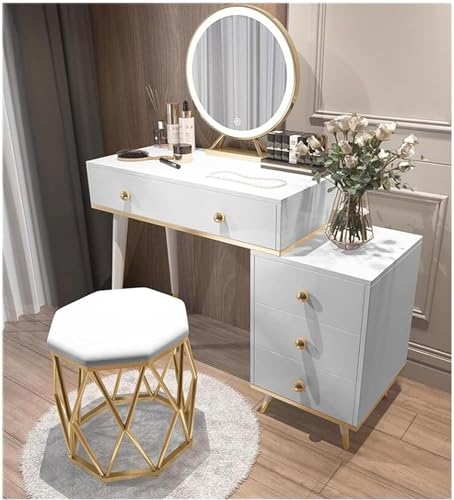 Juego de escritorio de tocador con espejo LED, armario ajustable y taburete de maquillaje, decoración blanca para el hogar