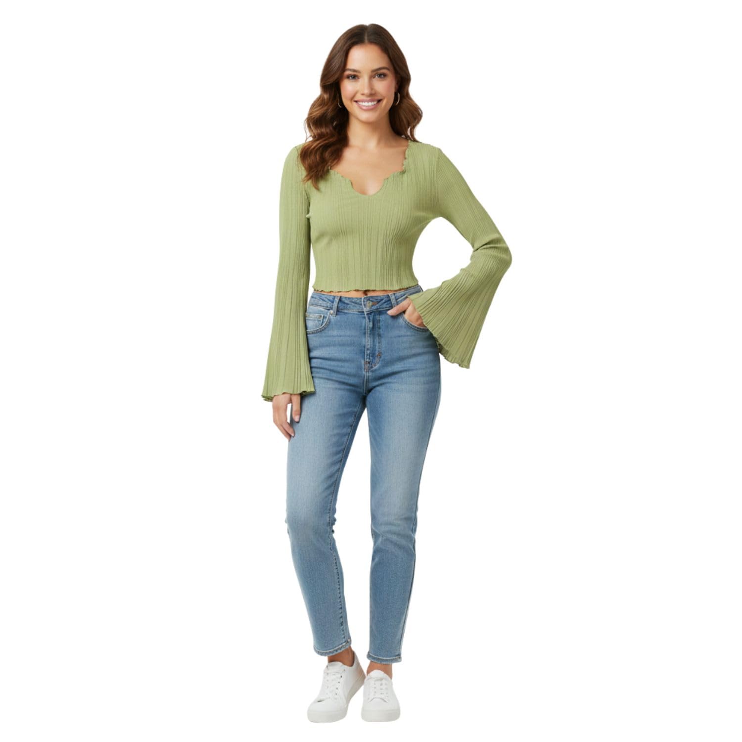 Women’s V-Neck Notched Ribbed Crop Top | Stretchable Polyester Long Flared Sleeve Blouse | Trendy Slim Fit Casual Top for Girls-picture-55