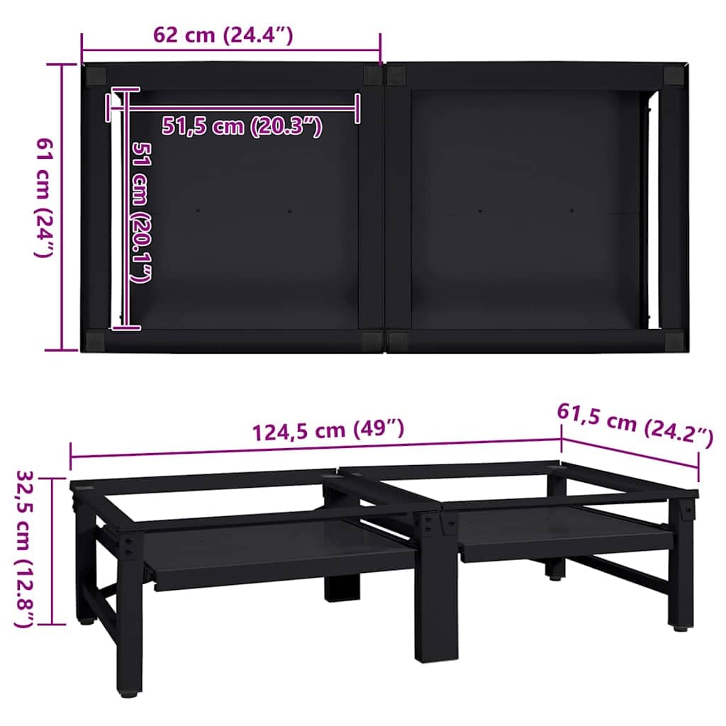 Waschmaschinen-Podest aus Stahl Schwarz 124,5 x 61,5 x 32,5 cm 2-teiliges Untergestell für Waschküche mit verstellbaren Füßen, Antivibration und verbesserter Ergonomie