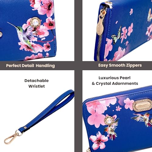 Royal Bloom Women's Zippered Wallet, Designer Wristlet with Floral Print and Crystal Embellishments (Royal Blue)3