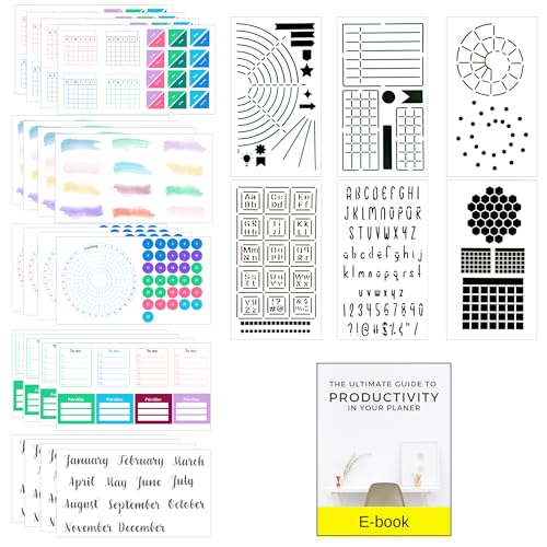 Ultimate Productivity Stencils & Stickers - x20 Sheets of Planner Stickers, x6 Stencils - Calendars, to Do Lists, Habit Trackers, Goals - Accessories & Supplies for Bullet Journals by Sunny Streak
