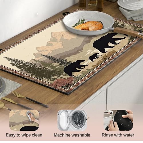 Image of Multi-Design Silicone Stove Cover for Glass /Electric Stoves - 3-in-1 Heat-Resistant Protector Mat, Non-Slip Drying Rack (Bear Family Forest, 28 inch L x 20 inch W)