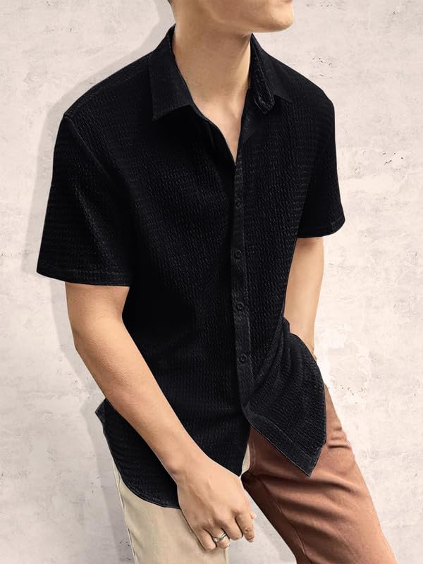 Image of Pinkmint Popcorn Shirt for Men Soild Slim Fit Sleeve Spread Collar Trendy Men Shirt Summer Wear Goa Wear Olive
